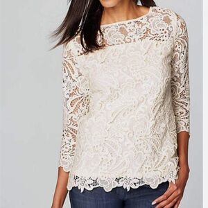 J. Jill Elegant White Ornate Lace Women's Top, blouse, 3/4 sleeve, cotton,rayon